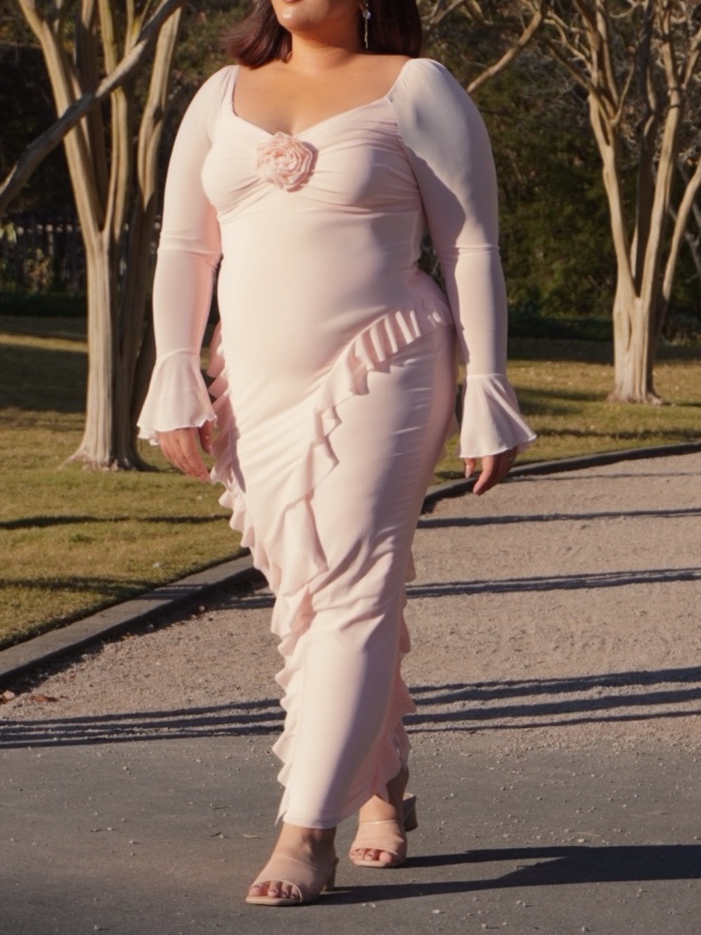 SHEIN Pale Pink Long Sleeve Ruffle Maxi Dress